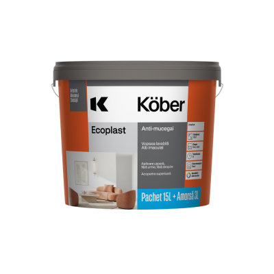 Vopsea lavabilă de interior, Ecoplast, antimucegai, albă, 15 litri + Amorsă 3 L CADOU