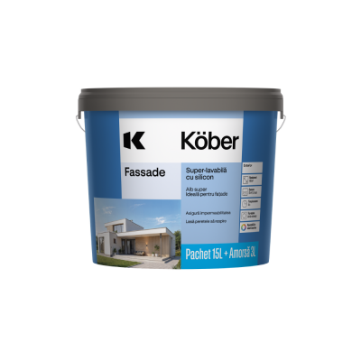 Vopsea superlavabilă Kober Fassade, pentru exterior, 15 L + Amorsa zidarie, 3 L CADOU