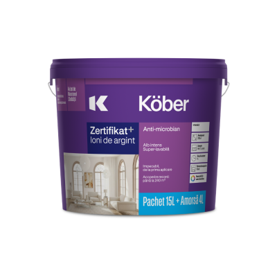 Vopsea lavabilă interior, Kober Zertifikat Plus, cu Ioni de Argint, albă, 15 L + Amorsa Antimucegai, 4 L CADOU