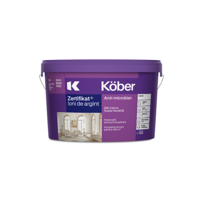 Vopsea lavabilă interior, Kober Zertifikat Plus, cu Ioni de Argint, albă, 8.5 L